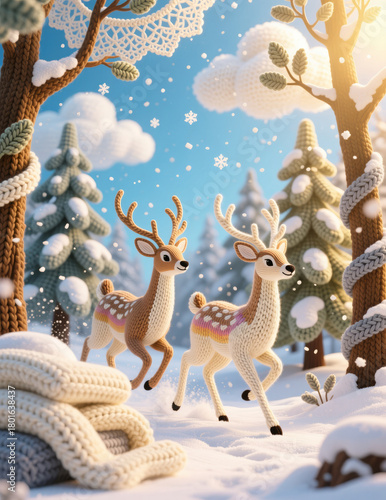 Two deer, crafted in knitted textures, race through a snowy forest. Everything is hand-knitted. Even the snowdrifts look like giant knitted ones, creating a sense of magical winter. 