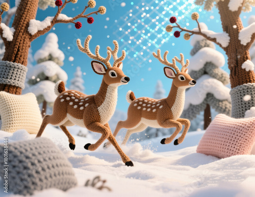 Two deer, crafted in knitted textures, race through a snowy forest. Everything is hand-knitted. Even the snowdrifts look like giant knitted ones, creating a sense of magical winter. 