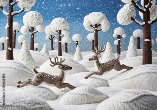 Two deer, crafted in knitted textures, race through a snowy forest. Everything is hand-knitted. Even the snowdrifts look like giant knitted ones, creating a sense of magical winter. 