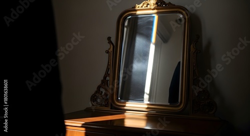 An ornate vintage mirror with a wooden frame reflecting light in a dimly lit room, placed on a wooden surface with shadows cast nearby