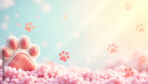 Cute bg with cats paw, pastel colors, scattered paw prints, soft gradient sky