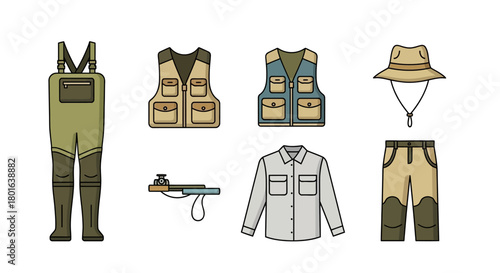 Collection of fishing and outdoor apparel and equipment, including waders, vests, hat, shirt, pants, and a rod holder.