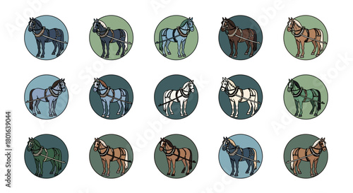 A collection of fifteen stylized horse icons, each depicting a harnessed draft horse in various color schemes within circular frames.