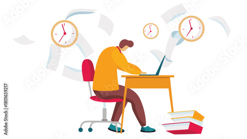 Frantic character typing at a cluttered desk overwhelmed by work deadlines and tasks illustrating stress and busy work environment