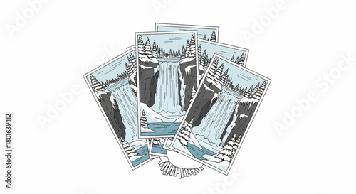 Illustration of multiple fanned-out cards, each depicting a winter waterfall scene with snow-covered trees and a frozen river.