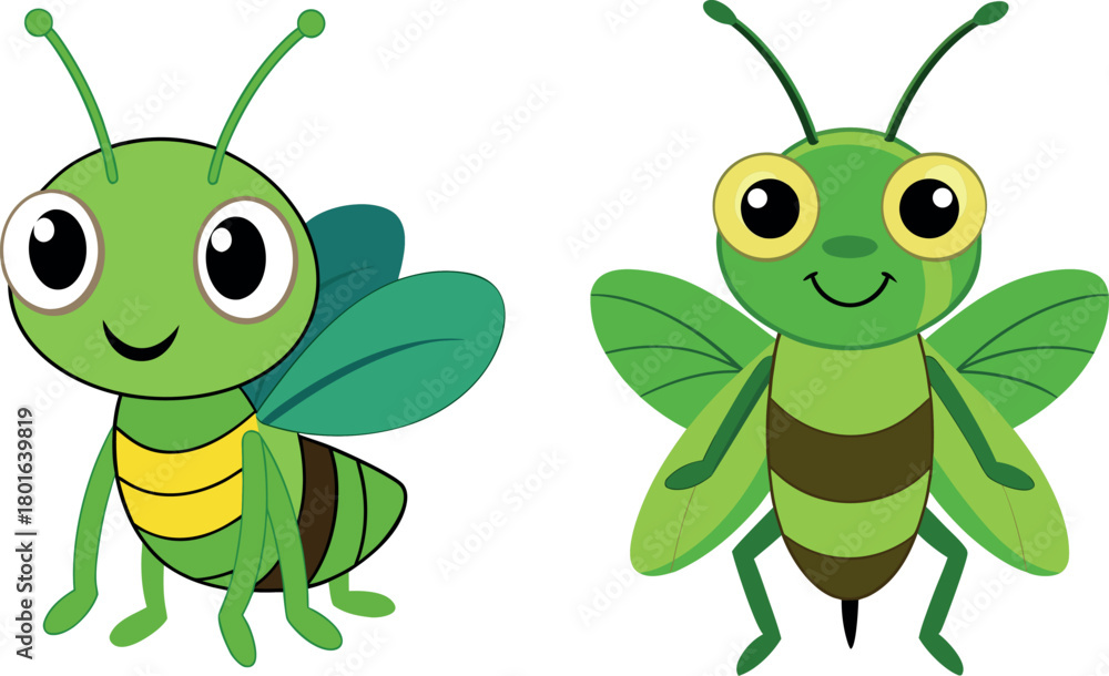 Obraz premium cute grasshopper cartoon, insect vector illustration, green grasshopper drawing, nature bug clipart, funny insect artwork, adorable bug vector, wildlife insect design, children insect cartoon, educati