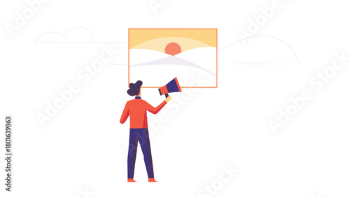Confident person with megaphone painting a vibrant colorful design symbolizing announcement creativity and public speaking with artistic flair