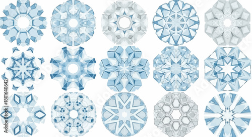 A vibrant collection of blue and white geometric abstract patterns, resembling snowflakes and mandalas, perfect for winter designs and digital backgrounds.