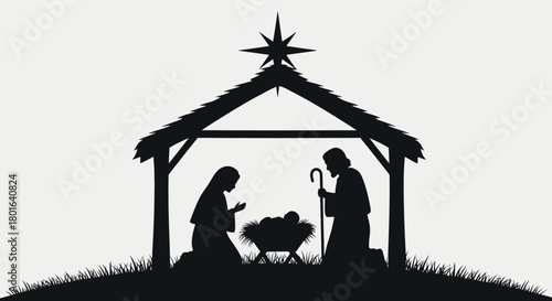 A serene silhouette depicts the sacred Nativity, illustrating Mary, Joseph, and baby Jesus in a humble stable under a guiding star.