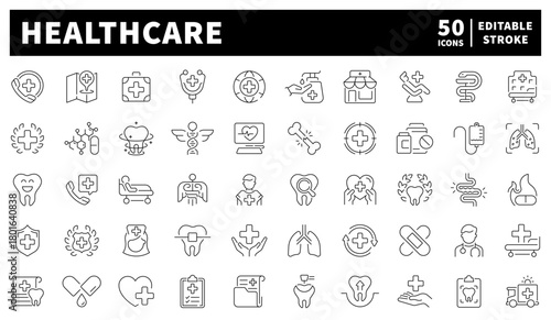 Healthcare icons set. editable line icons, outline medical and hospital symbols
