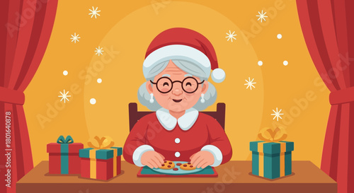 Mrs. Claus, in her festive red suit and Santa hat, joyfully savors delicious Christmas cookies at a table adorned with holiday gifts and winter snow.