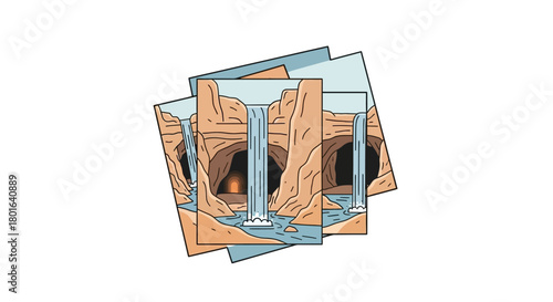 Illustration of multiple stacked cards depicting a scenic waterfall flowing into a pool within a rocky canyon with a cave opening.