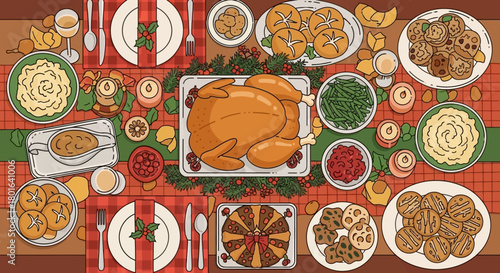An inviting top-down illustration of a bountiful holiday feast, featuring a roasted turkey and numerous delicious side dishes on a festive table.