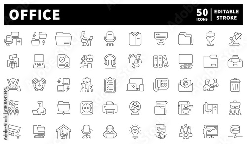 Office icons set. editable line icons, outline, business and workplace symbols
