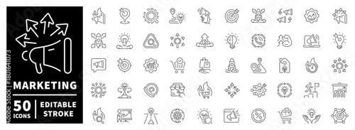 Marketing icons set. linear, editable line icons, branding and promotion symbols