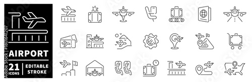 Airport travel icons set. editable line icons, linear, terminal and flight symbols
