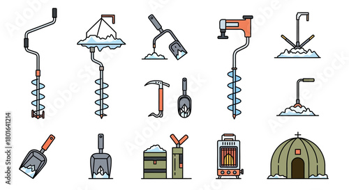 A collection of various tools and equipment essential for ice fishing and winter outdoor activities, including augers, shovels, and a shelter.