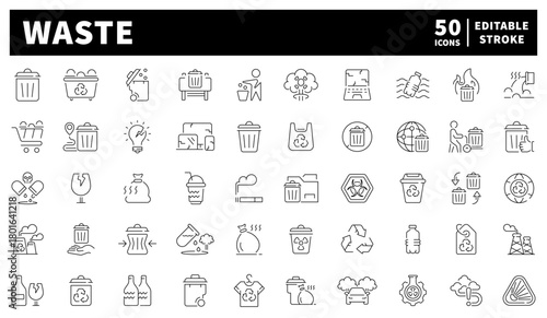 Waste management icons set. editable line icons, recycling, and eco symbols