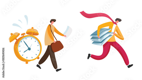 Frantic employee rushing to work clutching important documents with a prominent clock indicating they are late symbolizing deadline pressure and time management challenges