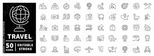 Travel and tourism icons set. editable line icons, outline vacation symbols