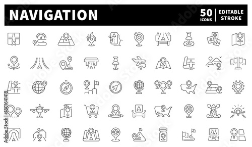Navigation icons set. editable line icons, outline, map and direction symbols