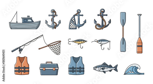 A collection of fishing and boating equipment including anchors, a boat, fishing rods, lures, life vests, and paddles.