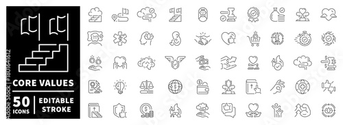 Core values icons set . editable line icons, outline, principles, mission, vision