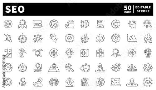 Seo tools icons set. editable line icons, flat style, digital marketing symbols