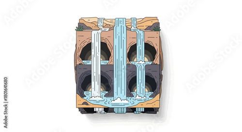 An illustrative cross-section showing multiple waterfalls flowing through rock formations and into underground caverns and a lower pool.