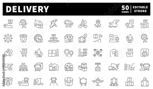 Delivery icons set. editable line icons. outline, shipping, logistics symbols