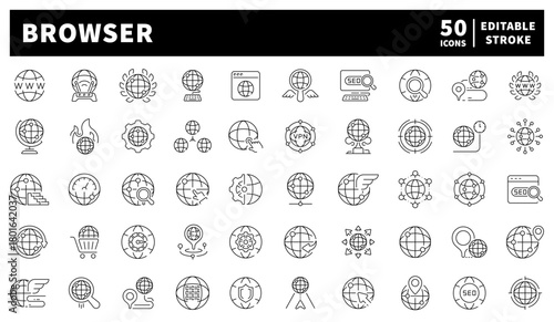 Browser icons set. editable line icons, outline, web and internet symbols