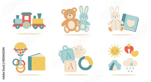 Collection of cute pastel baby toys and nursery items illustrations.