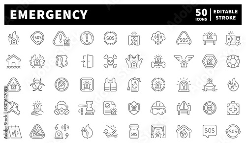Emergency icons set. editable line icons for safety, alert, and rescue designs