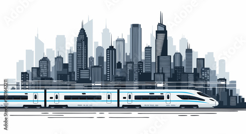High-Speed Train Traveling Through a Modern City Skyline A Dynamic Illustration of Urban Transportation and Progress
