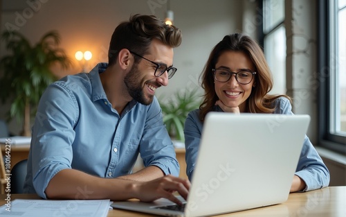 Middle age man and woman business workers using laptop working at office. High quality