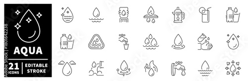 Water and aqua icons set. editable line icons, outline, hydration and fluids
