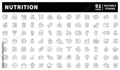 Nutrition icons set. editable line icons for healthy food and clean eating symbols
