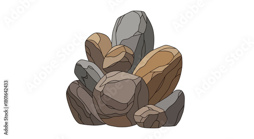 Illustration of a pile of rocks with varying sizes, shapes, and colors, stacked together on a white background.