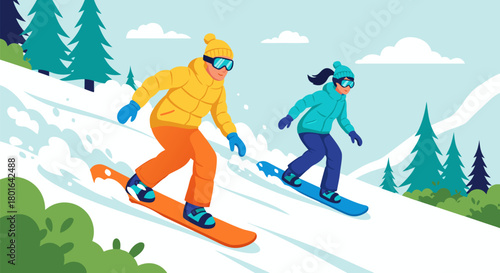 Snowboarders carve down snowy mountain slope Adventure, winter sports, skiing, outdoor recreation, active lifestyle