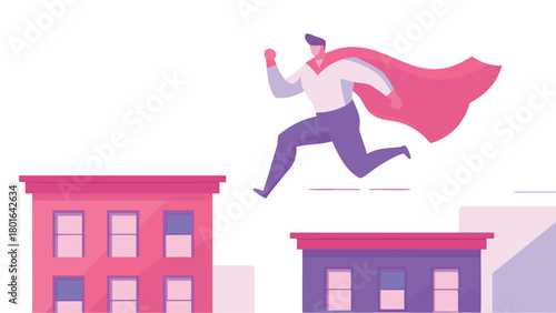 Dynamic superhero leaping across city rooftops at dusk silhouetted against a vibrant twilight sky conveying action and heroism