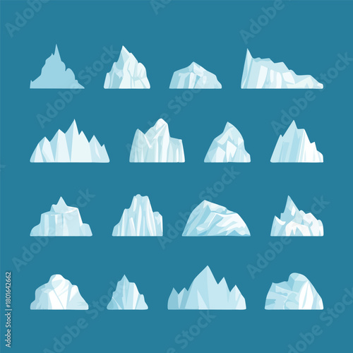 Set of Various Iceberg Icons Blue Arctic Ocean Background, Suitable for Designs and Projects