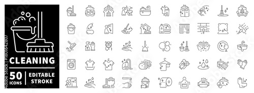 Cleaning and hygiene icons set . editable line icons, outline, sanitation symbols