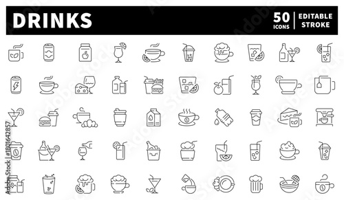 Drinks icons set. editable line icons, outline, beverage and refreshment symbols