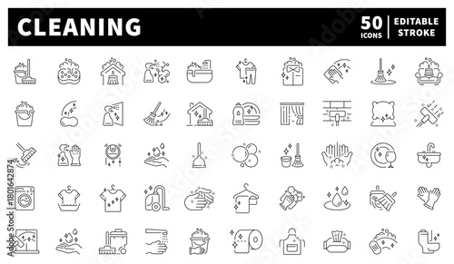 Cleaning icons set. editable line icons, outline style, maintenance and hygiene