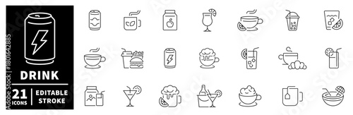 Drink and beverage icons set. editable line icons, flat, bar and refreshments symbols
