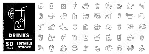 Drinks line icons set. editable, linear, beverages and cocktail symbols