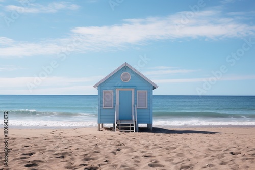 lonely small blue house is on beach. sky is clear and sun is shining