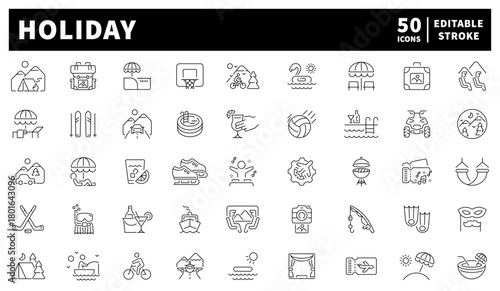 Holiday icons set. editable line icons for travel, vacation, summer