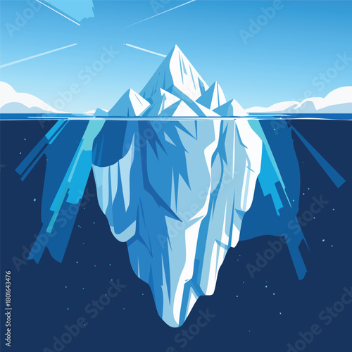 Conceptual illustration of an iceberg with its massive, hidden underwater structure visible beneath the ocean's surface, representing the unseen
