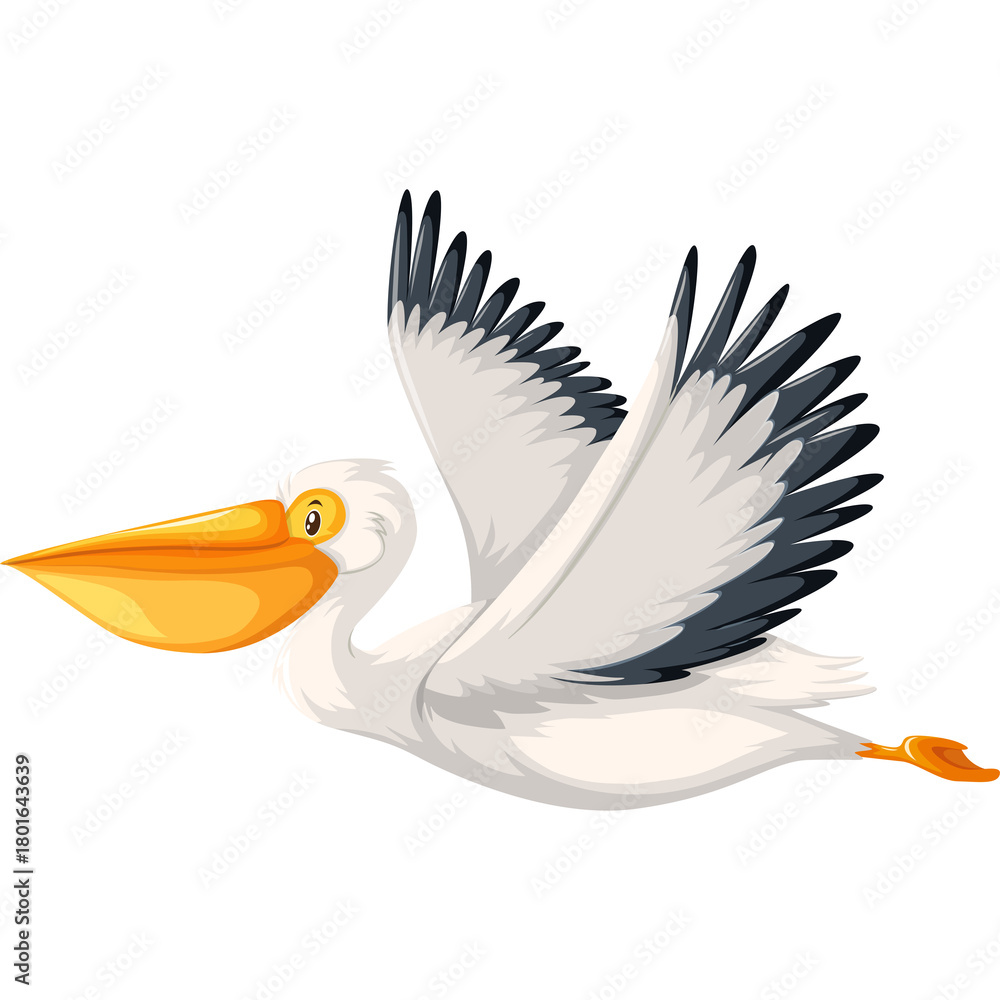 Fototapeta premium A White Pelican Soars Through The Air With Its Wings Spread Wide Showing Its Yellow Beak And Grey Wingtips On A Transparent Background